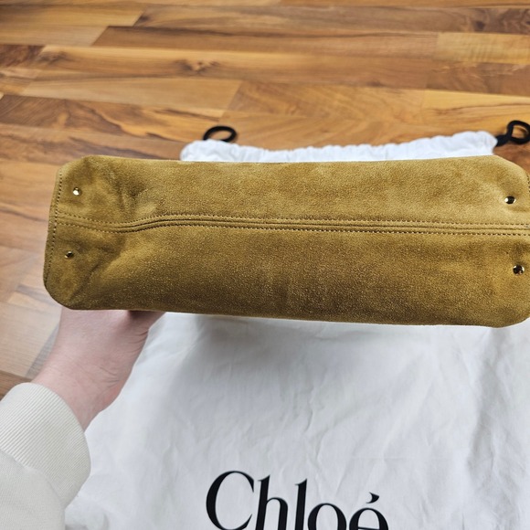 Chloe Logo Charm Hobo Bag Khaki Suede Gold Shoulder Bag - Picture 4 of 11